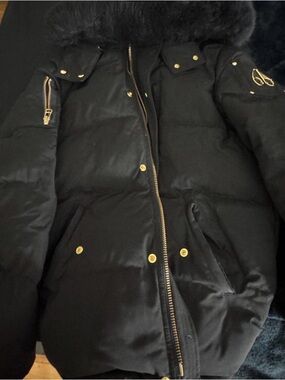 Moose Knuckles Black Puffer Coat with Gold Hardware